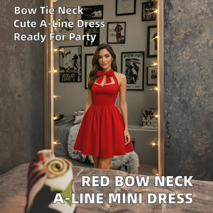 Elegant Red Bow Neck A-Line Mini <b>Dress</b> with Natural Waist Cute Summer <b>Teen</b> <b>Prom</b> Party Wear Sleeveless Crepe 100% Polyester - Product Image 2