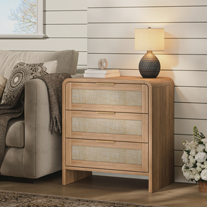 Rattan Nightstand With 3 <b>Drawers</b> 22.8 Wide Curved Wooden Bedside Table Modern <b>Storage</b> <b>For</b> Bedroom Caramel Oak - Product Image 3