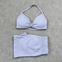 Set Bra dan Celana Pendek Olahraga DF Ultra-fine Matte Spandex/Nylon, Halter Neck Solid Penyerap Keringat Elastis Tinggi untuk Kebugaran Wanita
