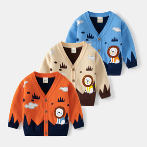 <span class=keywords><strong>Pull</strong></span> décontracté à col en V imprimé lion pour garçons Cardigan à simple boutonnage pour l'hiver Motif de Noël mignon pour les enfants - Product Image 1