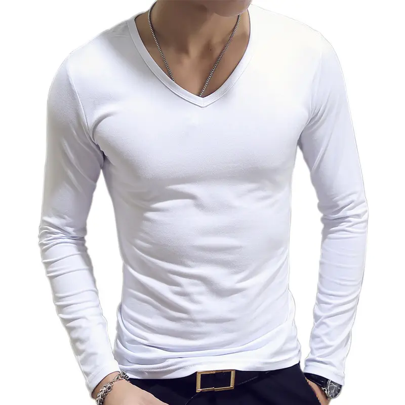 Hoge Kwaliteit Blanco Witte V-Hals T-Shirt Voor Mannen Custom Logo Ademend Zacht Strak Fit Ondergoed T-Shirt Dunne Lange Mouw T-Shirt