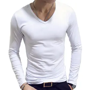 Yüksek kalite boş beyaz v yaka t shirt erkekler için özel logo nefes yumuşak sıkı fit iç çamaşırı t-shirt ince uzun kollu t shirt