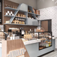 Comptoir de présentation Brutaliste personnalisé, moderne et luxueux, en marbre, verre et bois, pour boulangerie-café, design d'intérieur complet pour magasin