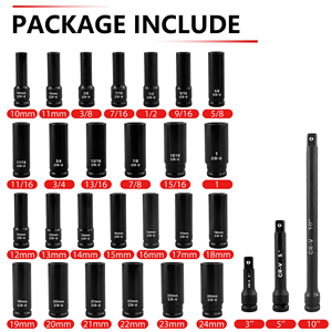 Ổ cắm tác động ổ đĩa <span class=keywords><strong>1</strong></span>/2 "đặt ổ cắm Sâu 29 mảnh với thanh mở rộng CR-V thép SAE & số liệu - Product Image 2