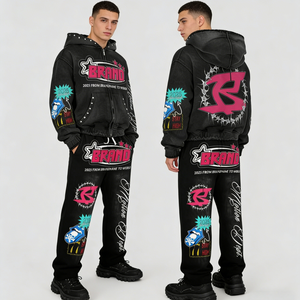 Customized Kids Streetwear Baggy Hoodie and Stacked Pants <b>Set</b> Acid Wash Tracksuits mens DTG Printed Cropped Flared Sweatsuits - Product Image 1