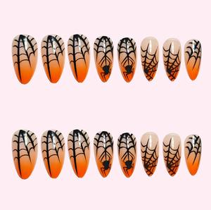 24pcs Effrayant <span class=keywords><strong>Halloween</strong></span> Appuyez sur les ongles <span class=keywords><strong>Orange</strong></span> Toile d'araignée Gradient Wearable Amande Ongles Style Français Amovible Manucure - Product Image 3