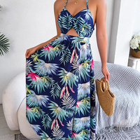 D & M Vente à Chaud Femmes Été Évider Maxi Robe Quotidien Décontracté Bohème Floral Col En V Sans Manches Frilly Split Robe De Plage