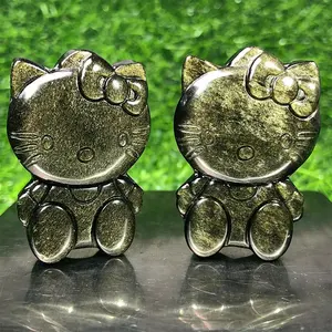 批发自然石水晶雕刻猫金色凯蒂猫纪念品