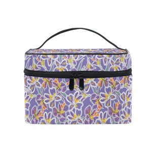 Grande capacité, trousse de voyage portable pour femmes, sac à maquillage à fermeture éclair, motif fleur de lavande violette, sac cosmétique personnalisé avec poignée - Product Image 1
