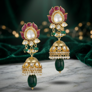 Boucles d'oreilles Jhumki traditionnelles persanes Bagh-e-Noor, en or artisanal, forme de fleur Kundan Polki, bijoux de mariage pour femmes, objets de collection - Product Image 2