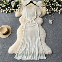 Robe longue décontractée pour femme, élégante, à manches courtes, ajourée, en tricot, coupe trapèze, pour le quotidien et les vacances