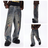 Pantalon en jean délavé tie-dye coloré à jambe large, style rétro graffiti fait main, inspiré de la mode urbaine américaine pour homme