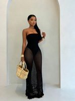 Nouvelle Robe Longue Tricotée Femme Été 2026 – Style Urbain, Maille Patchwork, Couleur Unie, Épaules Dénudées, Idéale Vacances et Plage