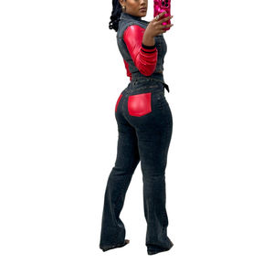 High Quality New PU Denim Splicing Stretch <b>Pants</b> Set for Women Fashion - Product Image 4