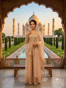 Hermoso y elegante conjunto tradicional indio de salwar kameez con bordados y lentejuelas, top, pantalón palazzo y dupatta para bodas y fiestas. - Product Image 2