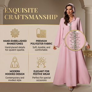 Abaya à capuche ornée de strass pour femmes avec poches, longueur intégrale, marque privée - Product Image 2