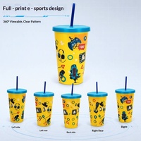 Gobelet en plastique jaune à thème dessin animé avec couvercle et paille bleue, tasse portable en PS monocouche pour enfants