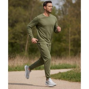 <b>Men's</b> Olive Green Casual Sweatshirt And Joggers <b>Set</b> Crew Neck Long Sleeve Solid Color Knitted Breathable Autumn Wear - Product Image 5