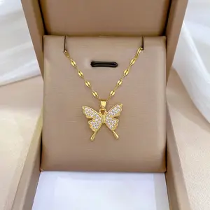 Colar de borboleta Stainless Steel Female Zircon Gold Plated Butterfly Necklace Shining Micro Paved CZ Butterfly Necklace