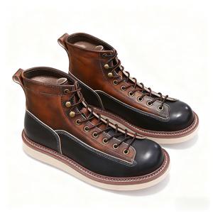 Botas Casuales para Hombre, Botas de Trabajo de Cuero Genuino, Estilo Retro, Cálidas y que Aumentan la Estatura, Color Negro Estilo Británico, Diseño Color Block de Moda - Product Image 5