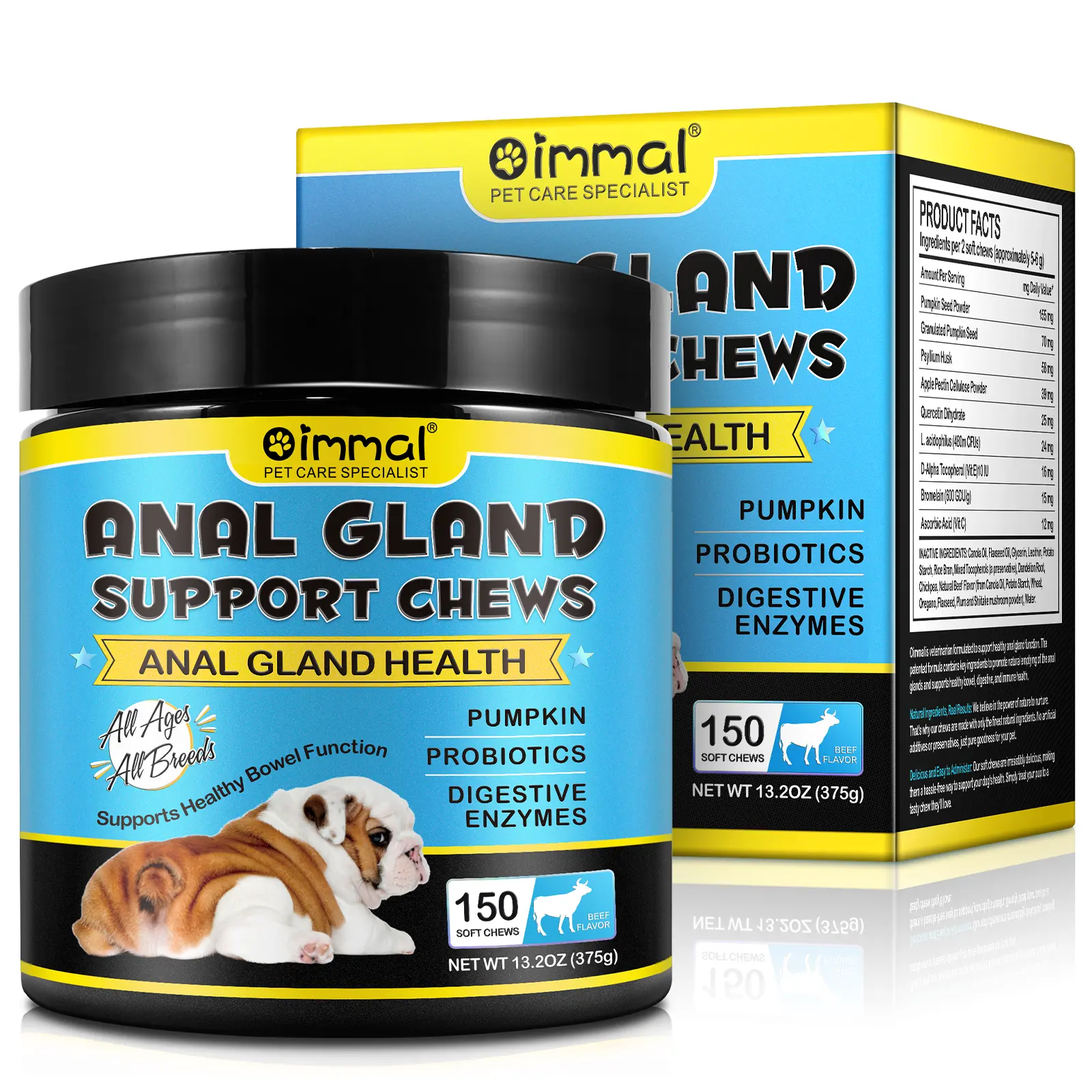 Oimmal Pet Health Anal Gland Soft Chews Treats Suplementos con calabaza para perros Enzimas digestivas Probióticos Suplemento de fibra