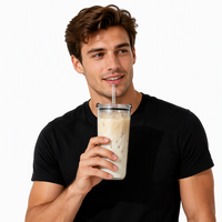 Gobelet en verre borosilicate soufflé à la main 740 ml grande capacité pour thé au lait et café, couleur unie, simple paroi, avec couvercle et paille