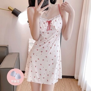 French Floral Print Nightgown Women Sleeveless <b>Padded</b> Bra Soft Breathable Home Sleepwear Summer Style Woven Polyester - Product Image 1