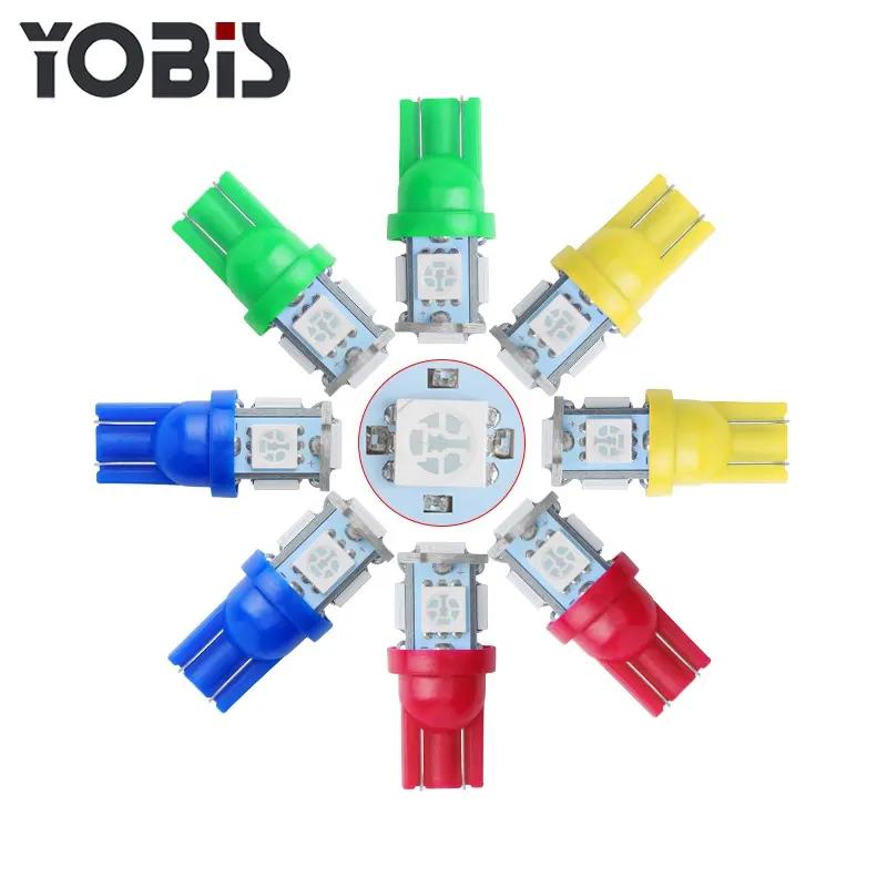 Yobis 낮은 MOQ 194 168 5050 5 SMD 자동 슈퍼 밝은 자동차 웨지 램프 전구 T10 LED 전구 7 색상 가능