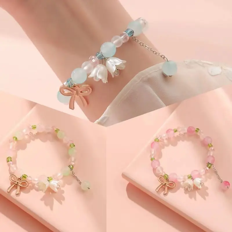 Sweet Colorful Glass Beads Bracelet for Women Fashion Bell Orchid Bow Bracelets Charm Aesthetic Jewelry Friend Gifts