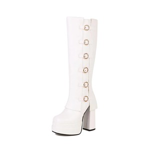 Promotion Nouveauté 2024 Bottes à enfiler à bout carré, à boucle ronde multi-rangs, à talon épais et haut, à plateforme imperméable, style pantalon long - Product Image 4