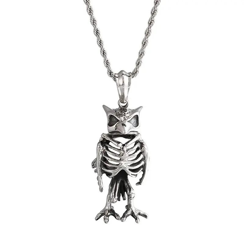 2023 Retro Stainless Steel Skeleton Owl Pendant Animal Necklace Jewelry