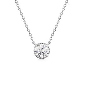Women Jewelry Round Cubic Zirconia Silver 925 Solitaire Pendant And Rope Chain