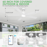 Ventilateur de plafond BLDC intérieur/extérieur de 60 pouces avec lumière LED, télécommande intelligente Alexa, 2 ensembles de pales réversibles, moteur CC