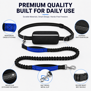 Laisse pour chien mains libres en gros, double amortisseur, bungee détachable, pochette zippée, réfléchissante, en nylon durable pour la course à pied - Product Image 4
