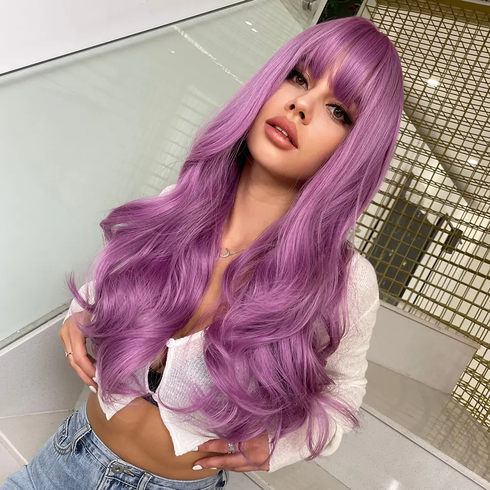 Wig rambut serat sintetis gelombang Natural 26 inci populer dengan poni cokelat wig serat suhu tinggi