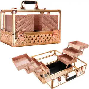 专业品质金色玫瑰金透明大化妆品储物礼品盒