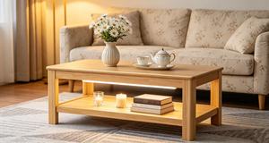 Table basse moderne en bois massif avec étagère de rangement, meubles de salon scandinaves, finition naturelle, table d'appoint basse - Product Image 6