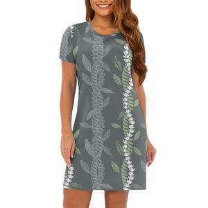 2025 gran oferta personalización Hawaii Lei estampado bajo demanda redondo elegante e informal cuello manga corta Midi falda vestido suelto mujeres - Product Image 3