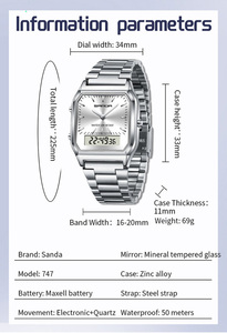 Reloj de Cuarzo SANDA 747 Retro Cuadrado para Hombre, Minimalista, Versátil, Impermeable, Multifunción - Product Image 3