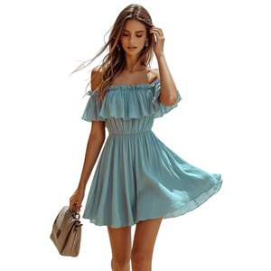 Off Shoulder Ruffle Chiffon Sundress <b>Elastic</b> Waist A-Line Mini Loose Fit Solid Color Summer Beach <b>Dress</b> - Product Image 4