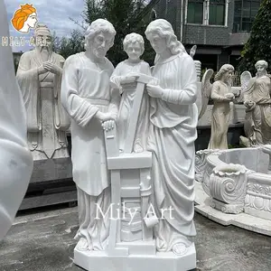 Yaşam boyutu dini taş oyma doğal beyaz mermer kutsal aile heykeli