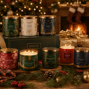 AIKUN Seasonal Holiday Gold Foil Soy Wax Three Wick <strong>Scented</strong> <strong>Candle</strong> Glass Jar <strong>Candle</strong> <strong>Gift</strong> <strong>Set</strong> for Christmas Wholesale - Product Image 5