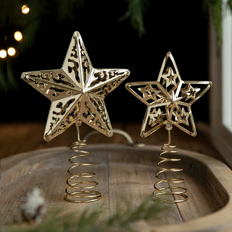 3D Hollow Gold Metal Star Topper Christmas Tree Topper Star Treetop Decoração para o Natal Decoração para Casa