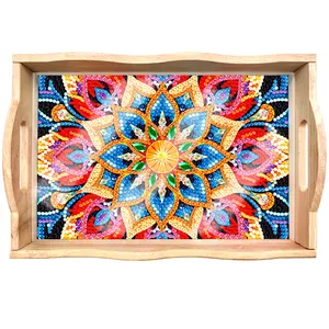 Bright Special-Shaped Exquisite Wooden Diamond-Painted Mandala Flower Dinner Plate for Placing Food