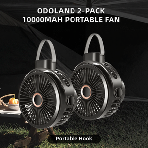 Odoland Lot de 2 ventilateurs portables rechargeables 10000 mAh pour camping et bureau, silencieux, flux d'air puissant, tête pivotante à 360°, 4 vitesses, USB, avec crochet de suspension - Product Image 2