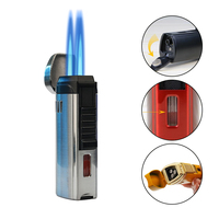 Nouveau Briquet à Triple Flamme pour Cigares en Alliage de Zinc, Rechargeable au Butane avec Réservoir de Gaz Visible et Support pour Cigares