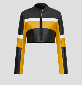 Кожаная куртка из искусственной кожи с контрастными вставками в европейско-американском стиле, с воротником-стойкой, облегающая, укороченная, для женщин - Product Image 2