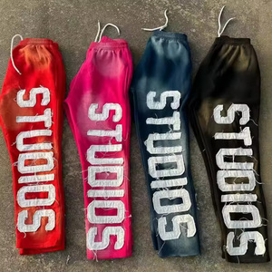 Pantalon de survêtement en éponge française Vintage Stone Wash pour hommes 380GSM Coton en détresse Broderie évasée coupe ample Logo personnalisé Vente en gros - Product Image 1