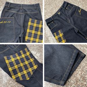 Jeans de Hombre Estilo Vintage, 100% Algodón, Lavado Azul, Corte Holgado, Diseño con Contraste de Color, Bordado a Cuadros, Bolsillos Grandes, Estilo Europeo - Product Image 3