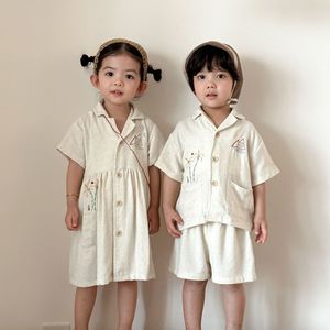 Set Camicia Estiva in Viscosa e Lino per Bambini, Nuovi Vestiti per Ragazzi, Abito a Maniche Corte Stile Coreano per Bambine, Coordinato Fratello-Sorella - Product Image 3